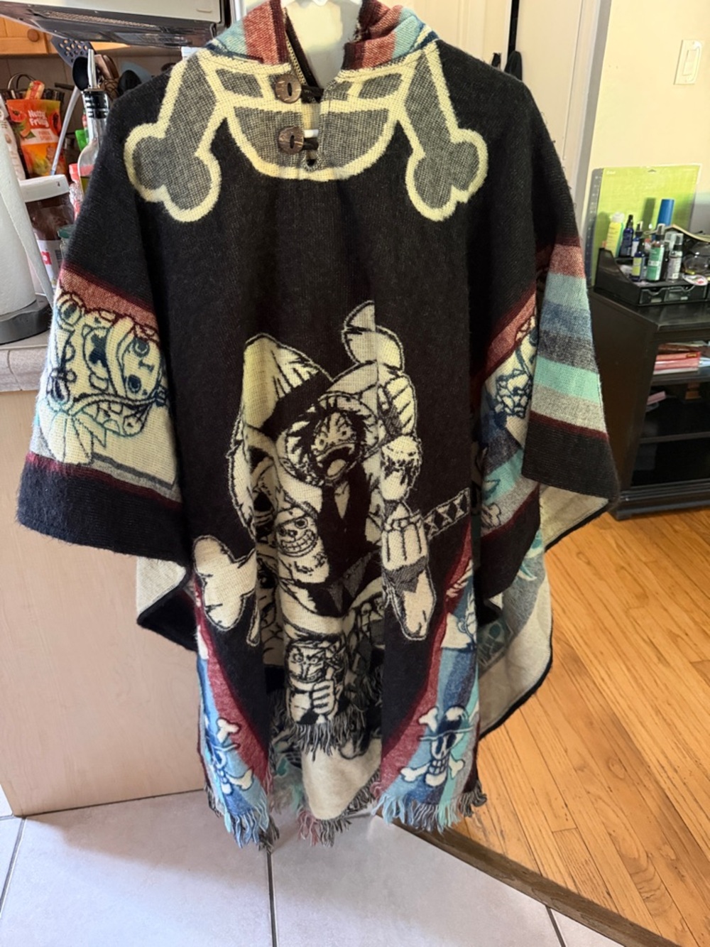 One Piece Graphic Pirate Poncho in Black, Cream, Teal